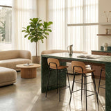 High bar stool with backrest featuring Terra Safari leather seat and black powder-coated steel frame.