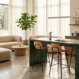 High bar stool with backrest featuring Terra Safari leather seat and black powder-coated steel frame.