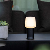 Black powder-coated London Base for Lamp Intelligent, stainless steel, 8-inch height, outdoor use.