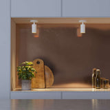 White Expo Ceiling light with aluminum base mounted on a ceiling in a minimalist setting.