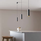Black Expo Pendant light with slim aluminum design hanging indoors against a neutral background.