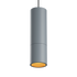 Grey aluminum Expo Pendant light with slim cylindrical design and long black cord hanging against white background