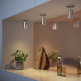 Polished aluminum Expo Ceiling light with a sleek round design mounted on a white ceiling.