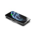 Compact square wireless charger with gray Revive fabric and aluminum frame on white background