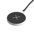 Compact wireless charger with gray Revive fabric surface and diamond-cut aluminum frame on white background.