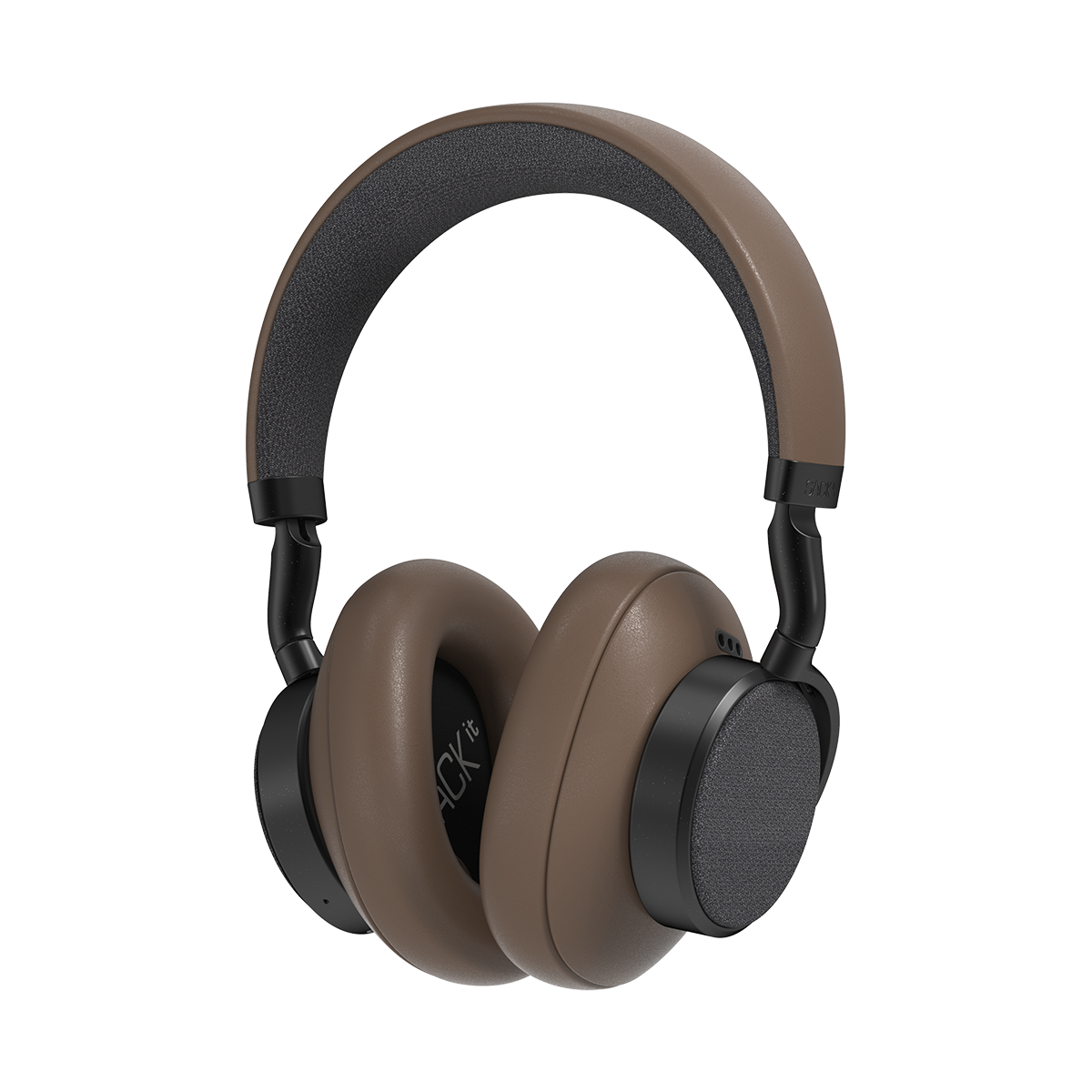 Brown SACKit Touch 410 wireless headphones with PU-leather and fabric earcups on a white background