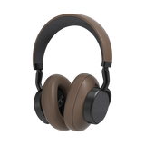 Brown SACKit Touch 410 wireless headphones with PU-leather and fabric earcups on a white background