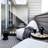 Rectangular teak wood patio serving tray with powder-coated aluminum frame on a white surface.