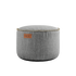 Light grey round pouf with durable fabric and hand-sewn stitches for indoor and outdoor use