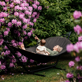 Cobana Grey hammock with black powder-coated aluminum stand set outdoors