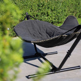 Cobana Grey hammock with black powder-coated aluminum frame set outdoors