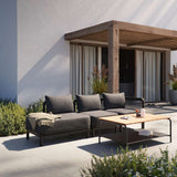 Kirra Lounge Sofa open end right in Kirra Sand with powder-coated aluminum frame and olefin textile cushions outdoors