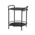 Round stainless steel outdoor patio serving table with matte powder-coated finish and curved legs