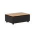 Black aluminum and teak Patio Storage Table with built-in storage, rectangular shape.