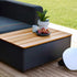 Black aluminum and teak Patio Storage Table with built-in storage, rectangular shape, modern design.