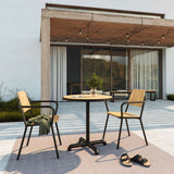 Round outdoor café table with teak wood top and black powder-coated aluminum base
