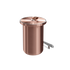 Copper-colored satin polished stainless steel wine cooler with leather handle and included lid and ice tong.
