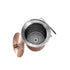 Copper-colored satin polished stainless steel wine cooler with leather handle and included ice tong.