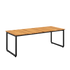 Rectangular outdoor dining table with rounded legs, powder-coated aluminum frame, and teak wood top