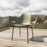 Olive and black outdoor dining chair with recycled plastic shell and powder-coated steel frame