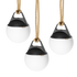 Three SACKit Light 155 outdoor lamps with white domes and hempen rope handles arranged together on a white background