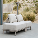 Kirra Lounge Sofa 2-seater with right open end in sand color, outdoor setting with powder-coated aluminum frame and olefin fabric