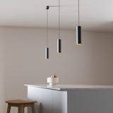 Black aluminum Expo Pendant light with a slim cylindrical shape and long black cord.