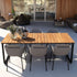 Outdoor patio dining table with powder-coated aluminum frame and FSC-certified teak wood top, rectangular shape.