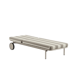 sackit outdoor sunbed with striped cushioned mattress sturdy metal frame and wheels designed for comfortable relaxation in Nordic weather