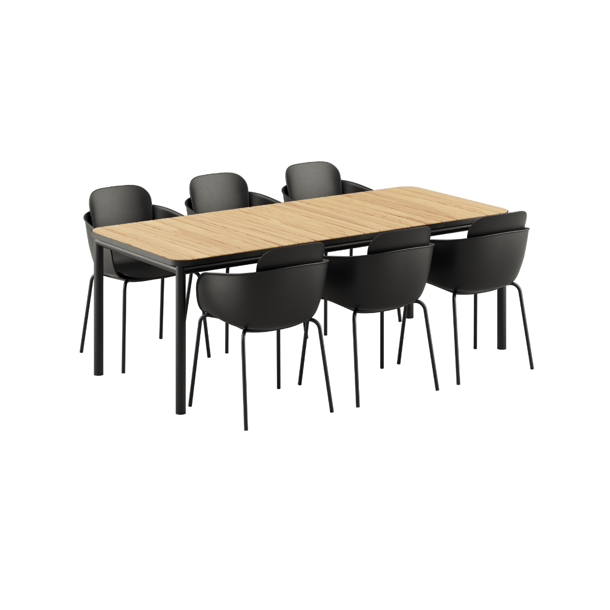Kirra Dining Table with ceramic black tabletop and six black Patio Chair no. One S2 chairs outdoors