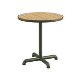 Round outdoor café table with teak wood top and powder-coated aluminum base in neutral color