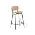 Low bar stool with natural oak seat and black powder-coated steel frame with backrest and footrest.