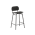 Bar stool with black stained oak seat and powder-coated steel frame with backrest and footrest.