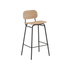High bar stool with black stained oak seat and powder-coated steel frame with backrest and footrest.