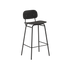 High bar stool with black stained oak seat and powder-coated steel frame with backrest and footrest.