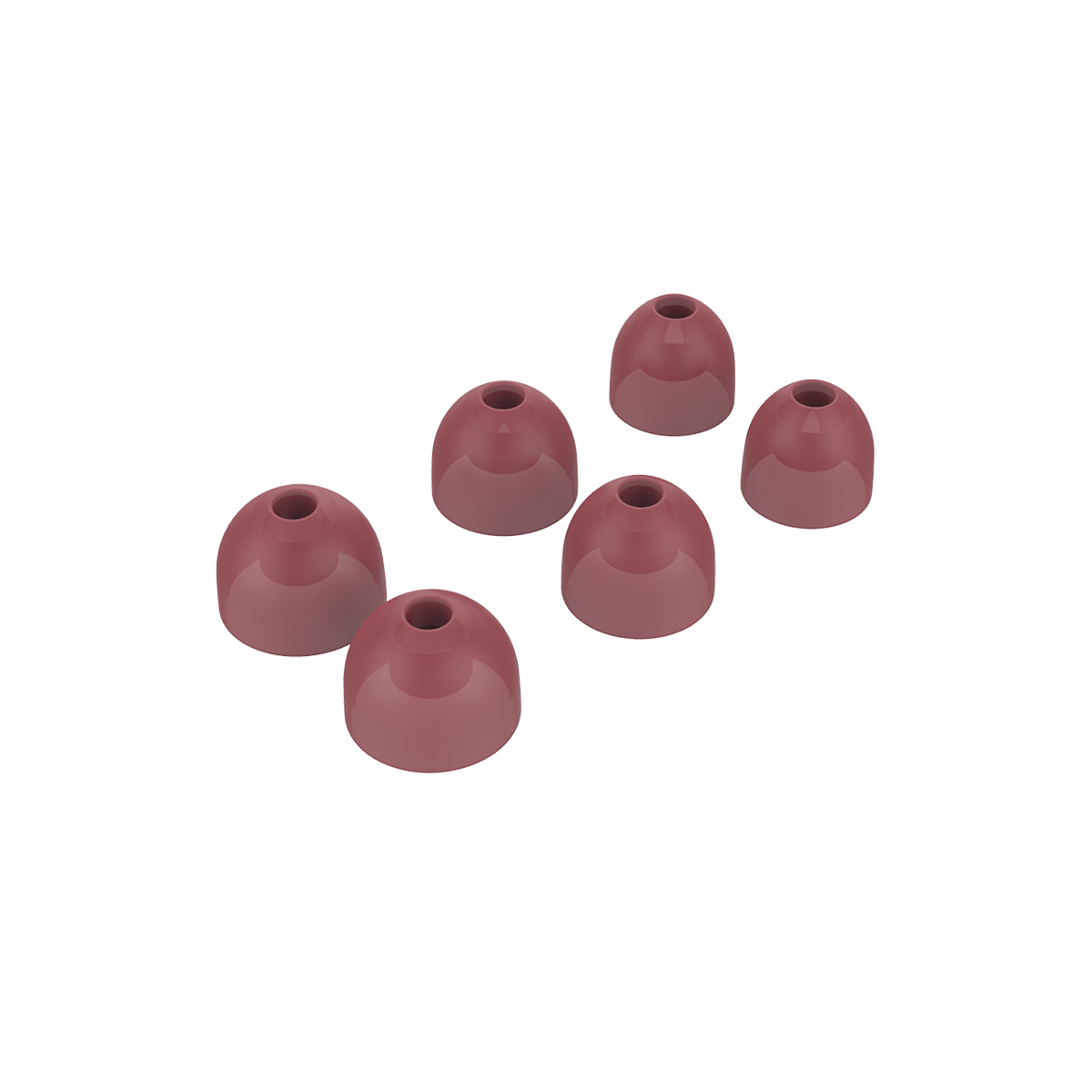 Three pairs of ruby red silicone eartips for ROCKit earbuds in small, medium, and large sizes.