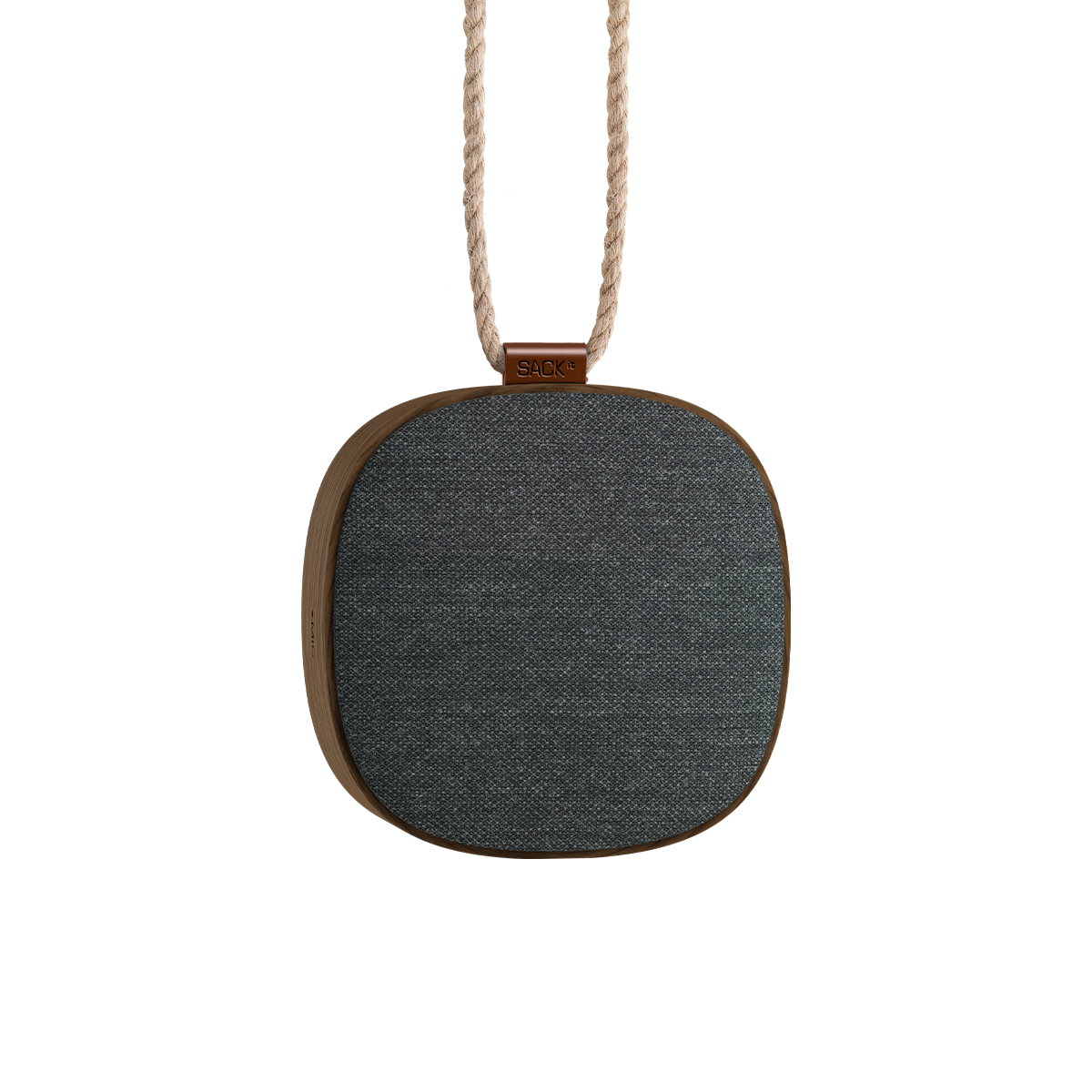 Portable Go Wood speaker in smoked oak with Fiord textile, compact and wireless with charging cable.