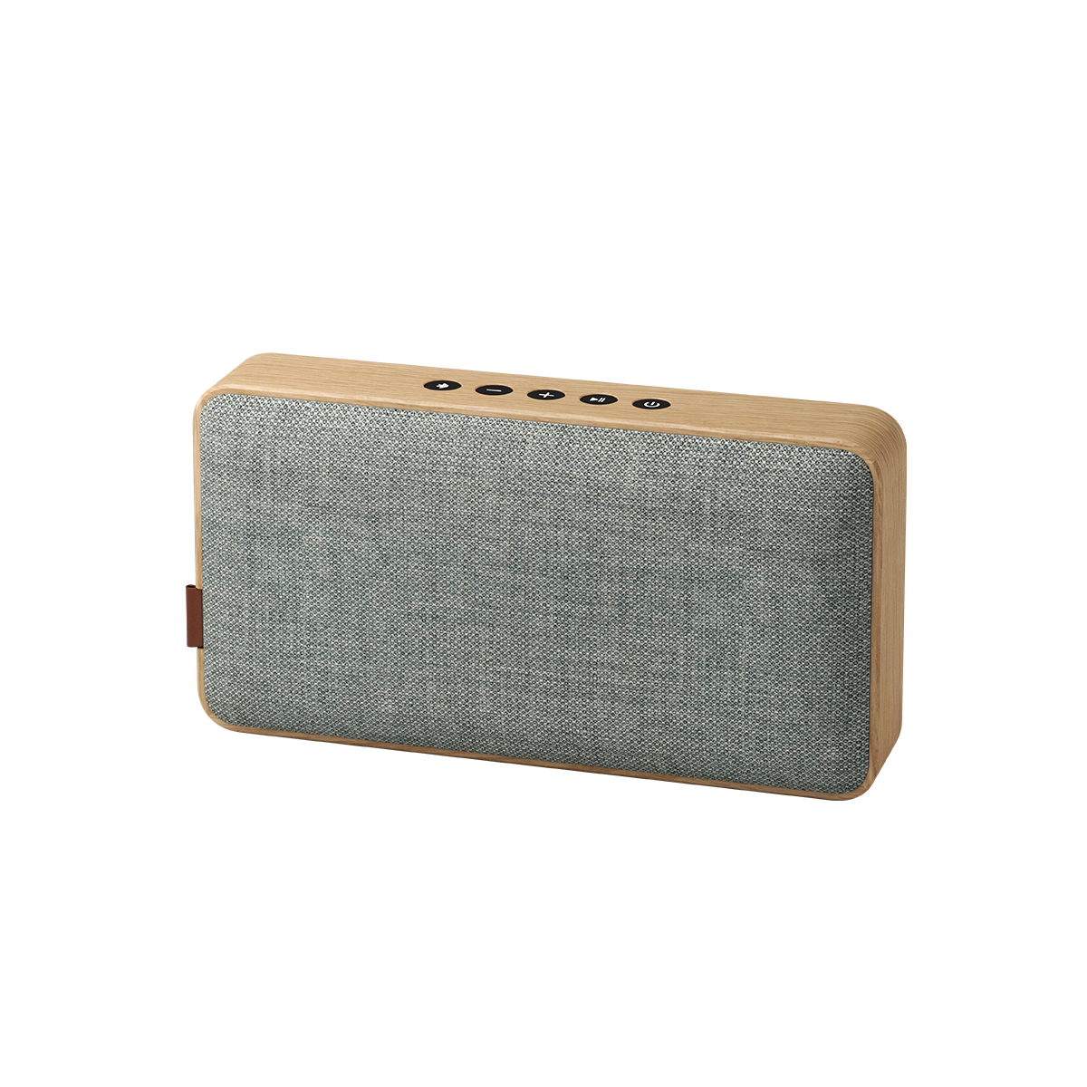 Move Wood Bluetooth speaker in natural oak with Fiord textile and brass details on a white background