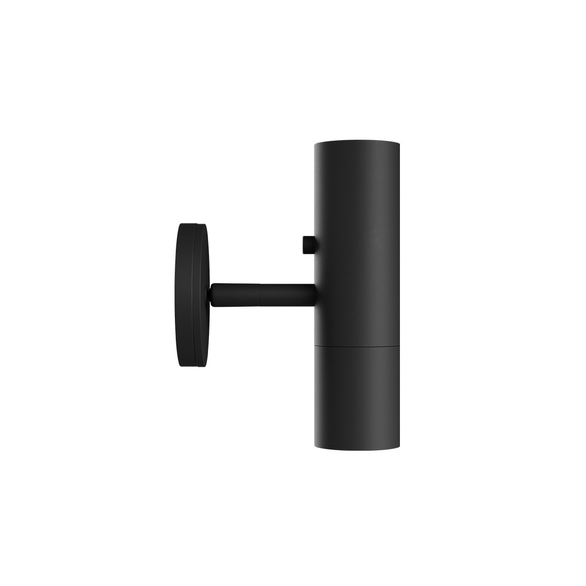 Black aluminum Expo Wall light with round base and slim cylindrical design mounted on wall.
