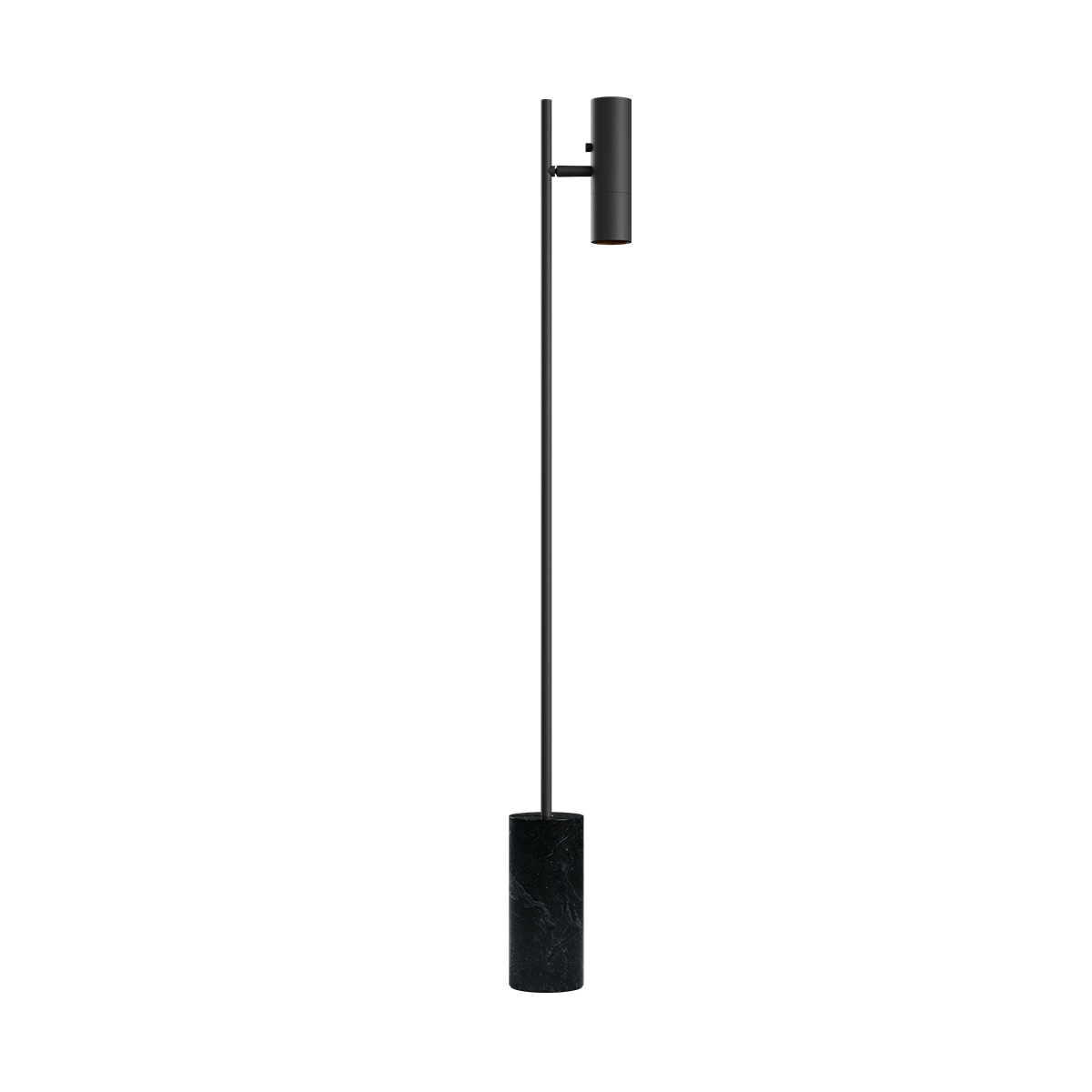 Black Expo Floor lamp with matte aluminum body and polished marble base, standing tall indoors.