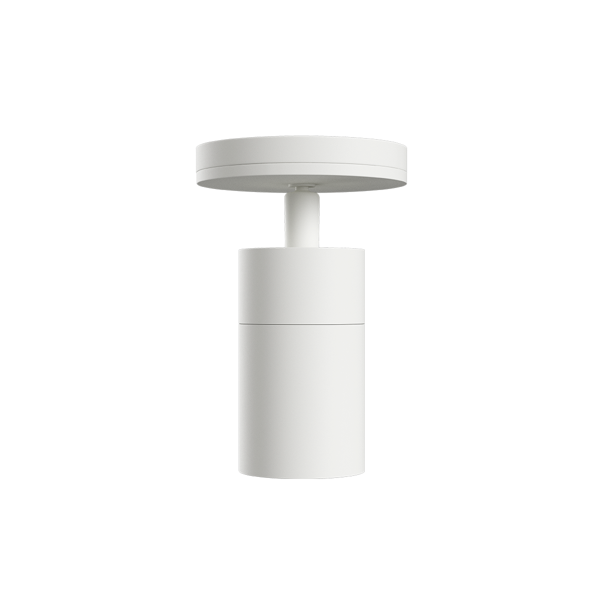 White aluminum Expo Ceiling light with a simple round design mounted on a white ceiling base