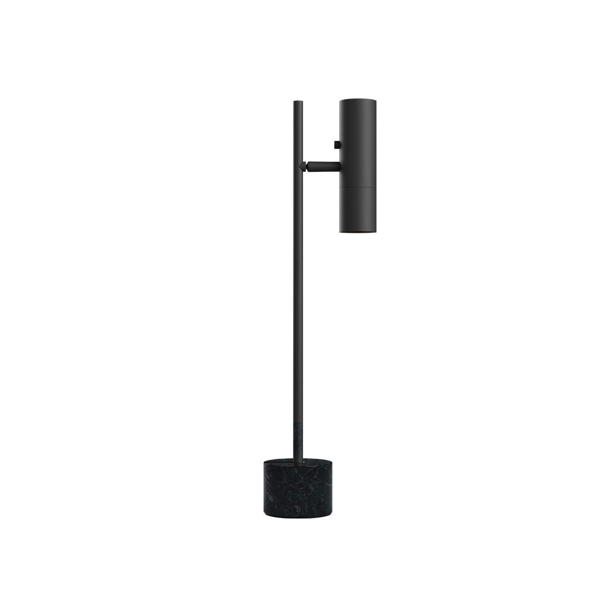 Black Expo Table lamp with aluminum body and polished marble base on a white background