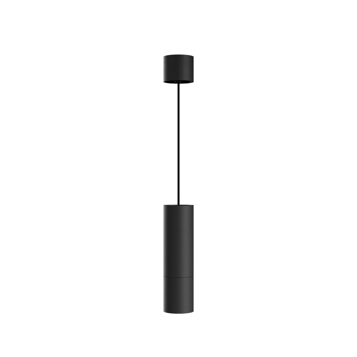 Black Expo Pendant light with slim aluminum design and long black cord hanging against white background.