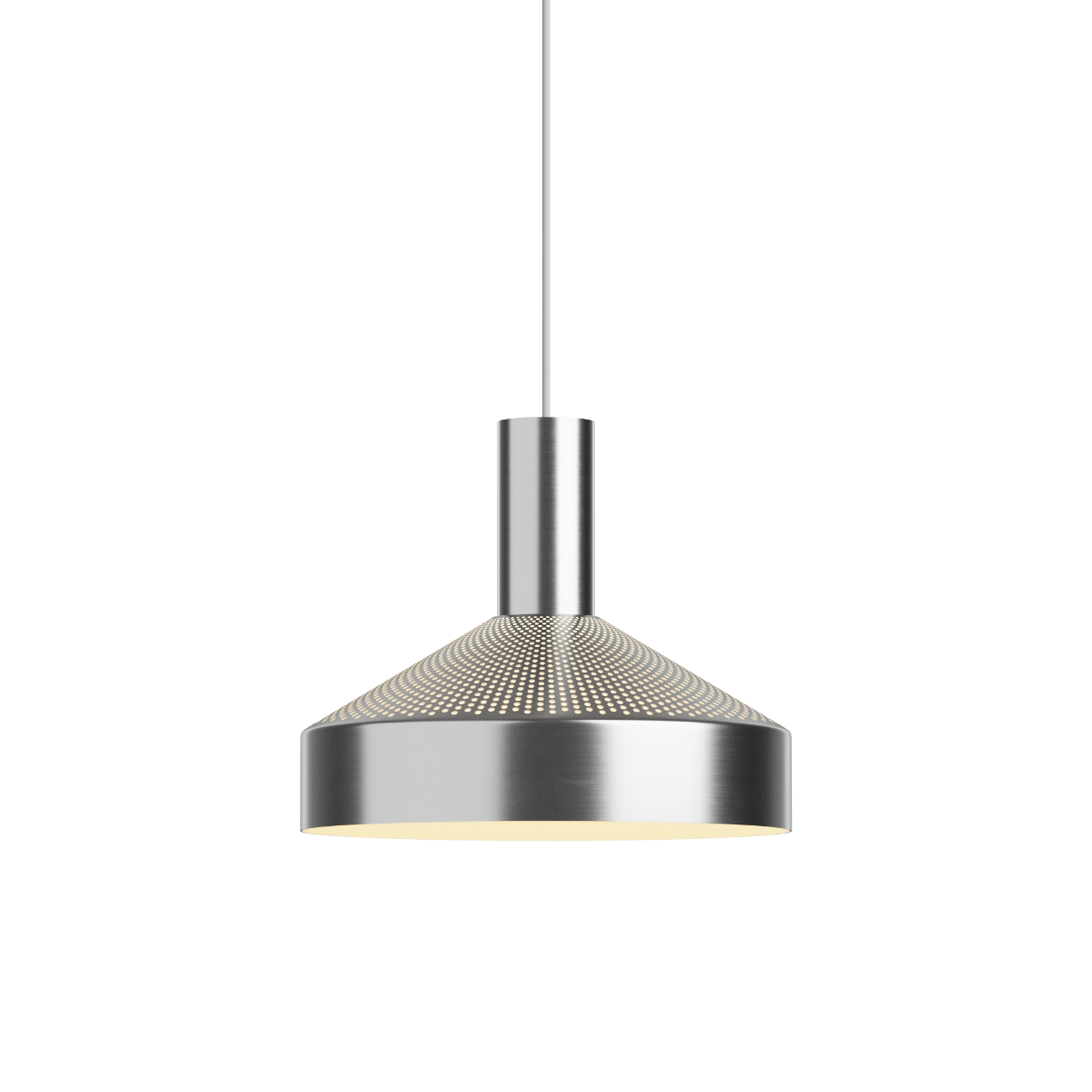 Polished chrome Dawn Pendant Ø25 with perforated top and white inner shade hanging indoors