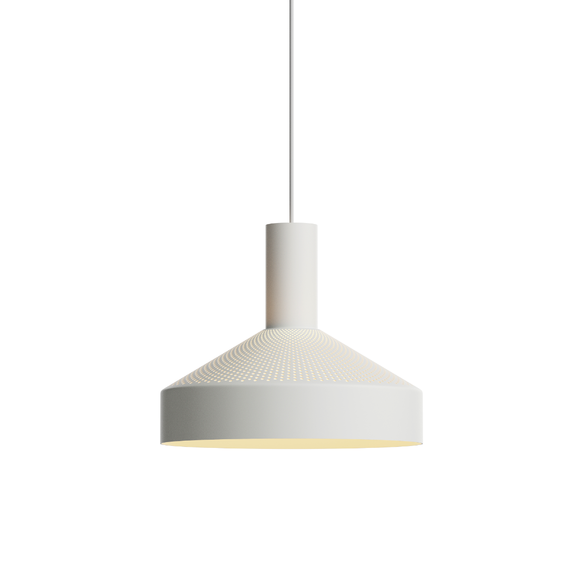 White Dawn Pendant Ø25 with perforated aluminum shade and built-in light source hanging indoors