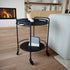 Serving Table with black lacquered steel frame and natural oak round serving tray on top