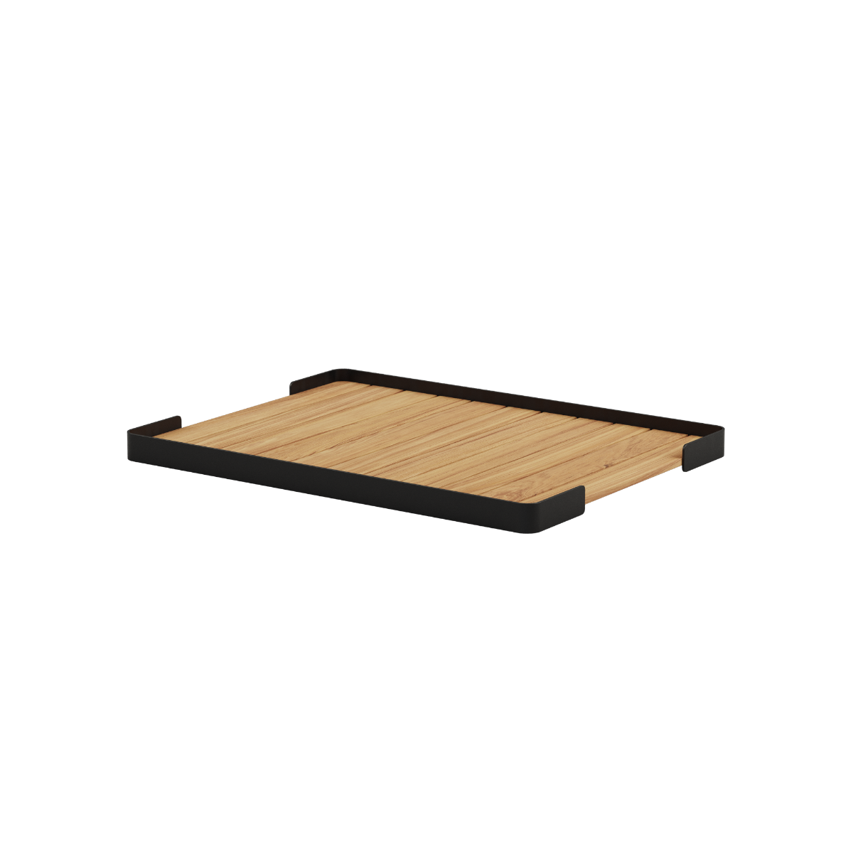 Black teak and aluminum outdoor patio pouf tray with a square shape designed for Soft Sofa Outdoor Pouf.