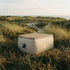 Square taupe teak and aluminum outdoor tray designed for Soft Sofa Outdoor Pouf.