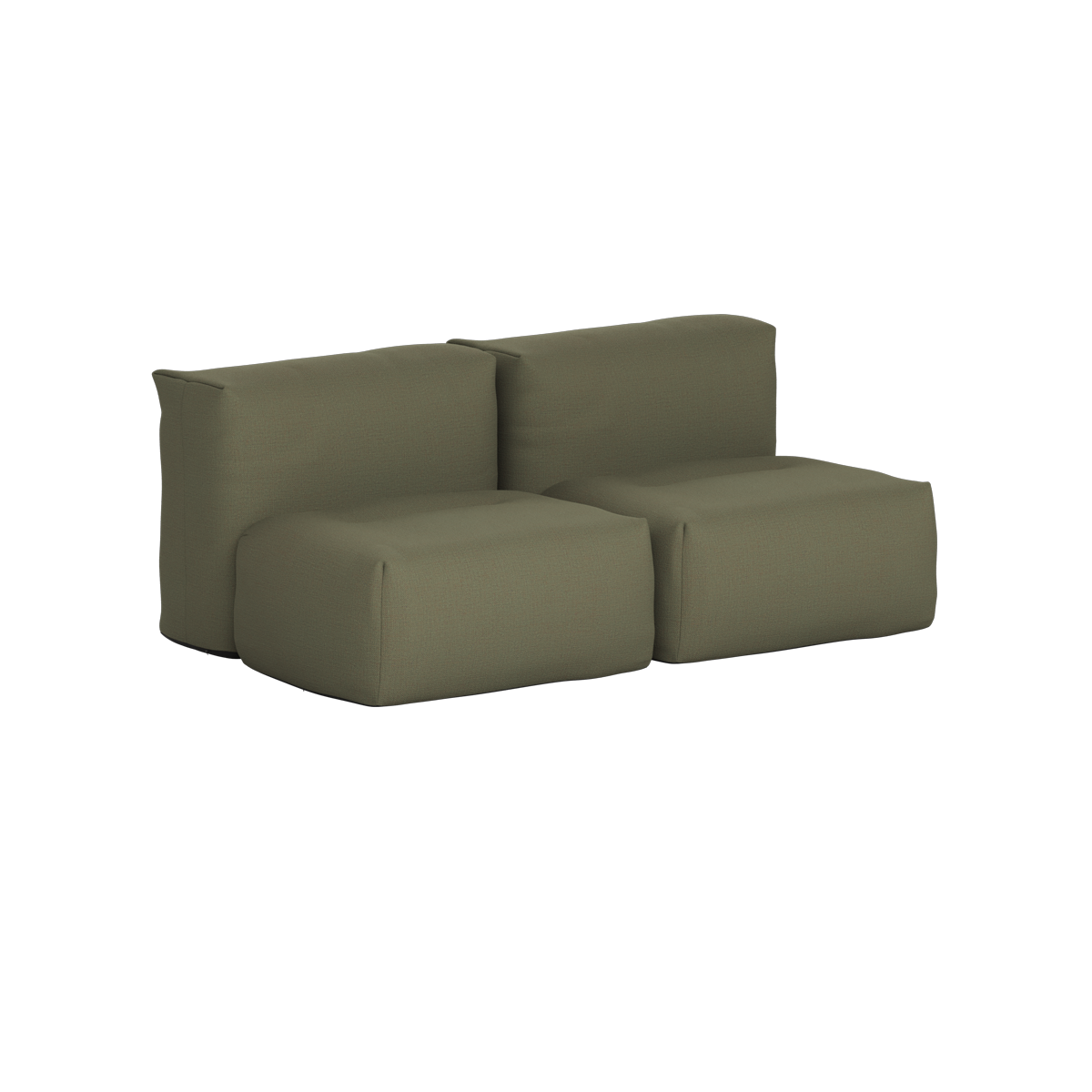 Olive green two seat outdoor sofa with deep cushioned backrests and a soft rounded form by sackit