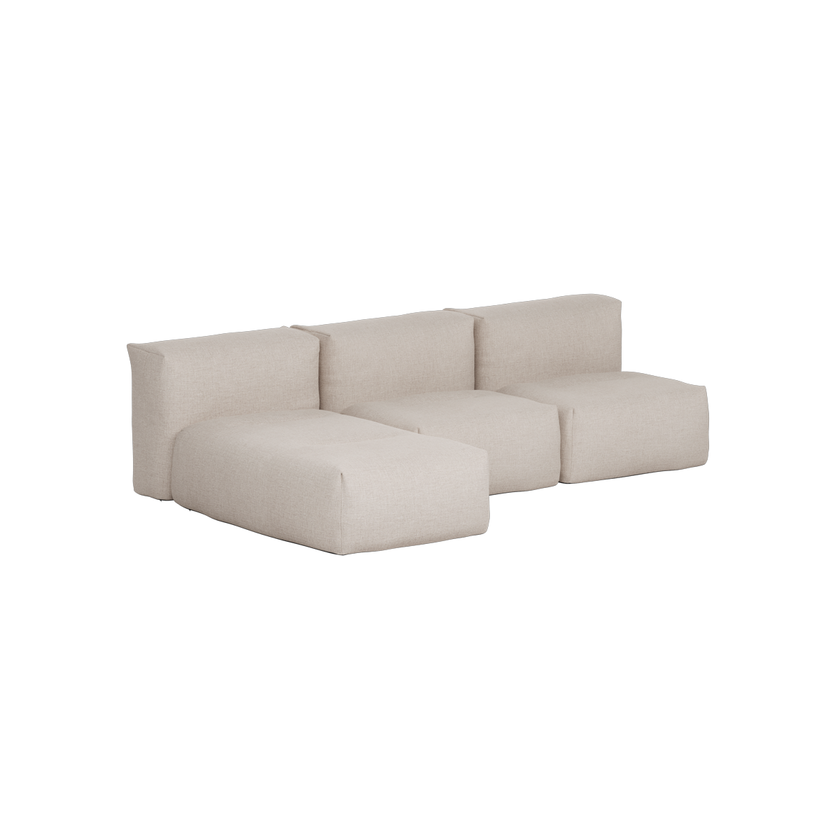 Beige three seat outdoor sofa with a spacious lounger chaise and soft form stable cushions by sackit for comfortable Nordic outdoor living